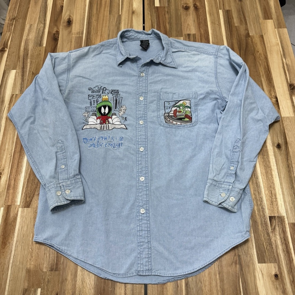Vintage Warner Bros Looney Toons Marvin Martian Denim Shirt Mens M Blue 90s